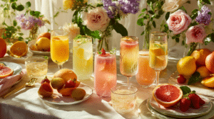 non alcoholic Easter brunch drinks easy with citrus mocktails and fresh fruit on a spring table