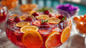 non alcoholic punch for kids party with fruit slices in a colorful punch bowl on festive table