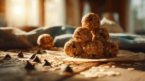 No-bake oatmeal chocolate chip energy balls with oats and chocolate chips on parchment