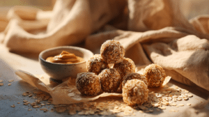 No-bake oatmeal cookie energy balls with oats and chocolate chips on a rustic kitchen table