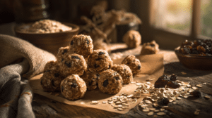 No-bake oatmeal raisin energy balls with oats and raisins on parchment paper