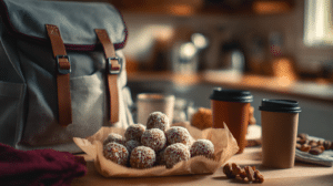 No-bake on-the-go energy balls packed in containers with a busy morning kitchen setup