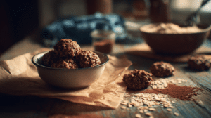 One-bowl no-bake cookies with oats and chocolate on a rustic table with mixing bowl