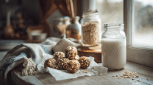 No-bake overnight oats energy bites with oats and milk on a bright kitchen table