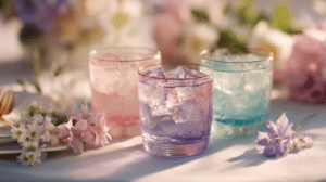 pastel Easter drinks aesthetic in pink purple and blue mocktails styled on a spring brunch table with flowers