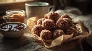 No-bake peanut butter and jelly energy balls with oats and jam on parchment paper