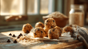 No-bake peanut butter chocolate chip bites with oats and chocolate chips on parchment