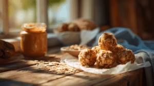 No-bake peanut butter oat energy balls with oats and peanut butter in warm natural light