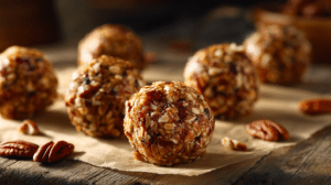 no-bake pecan pie energy balls with chopped pecans on parchment in warm natural light