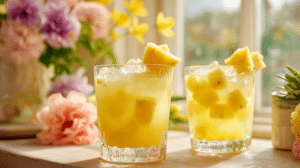 pineapple Easter mocktails in clear glasses with fresh fruit and spring decor