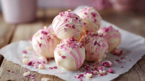 Pink velvet cheesecake balls coated in white chocolate with soft pink tones on parchment paper