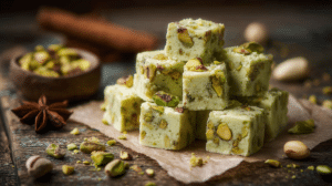 No-bake pistachio cardamom fudge bites with chopped pistachios on parchment paper in warm light