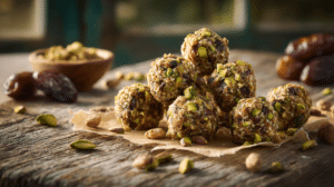 No-bake pistachio date energy bites with pistachios and dates on parchment paper