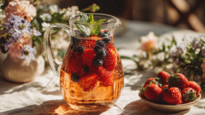 probiotic spring drinks Easter with kombucha berries and mint in glass pitcher
