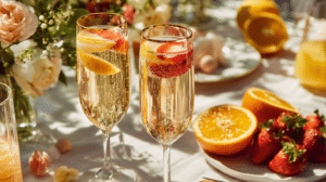 prosecco spring cocktails Easter with berries and citrus on festive brunch table