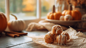 No-bake pumpkin pie truffles with warm spices on a rustic table in cozy autumn lighting