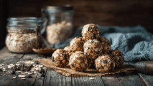 No-bake oatmeal energy balls with oats and chocolate chips on parchment paper in natural light