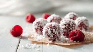 No-bake raspberry coconut energy balls with fresh berries and coconut on a light wooden table