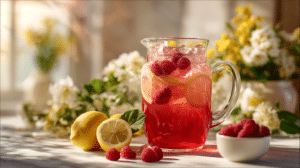 raspberry lemonade Easter mocktail with fresh raspberries and lemon slices in a glass pitcher on a spring table