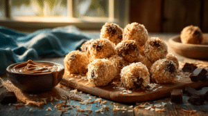 No-bake Samoas bites with coconut, caramel, and chocolate on a rustic table in warm natural light