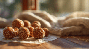 no-bake sesame honey energy bites on parchment with warm natural light and rustic kitchen background