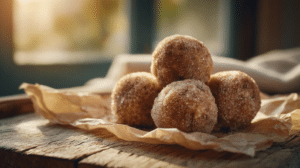 no-bake snickerdoodle energy balls coated in cinnamon sugar on parchment in warm natural light