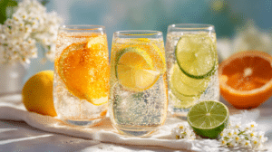 sparkling citrus Easter drinks with orange lemon and lime slices on a bright spring brunch table