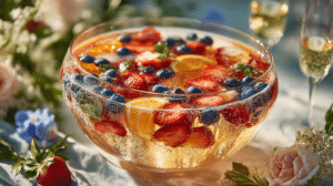 sparkling wine punch Easter in punch bowl with berries and citrus on spring table