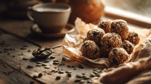 No-bake spiced pumpkin seed energy balls with oats and pepitas on parchment paper
