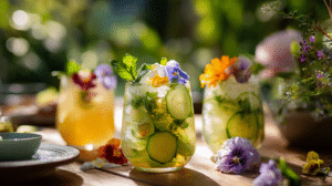 spring garden mocktails with cucumber mint and edible flowers on a bright outdoor table