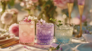 spring pastel cocktails recipe with pink purple and blue drinks on a floral brunch table
