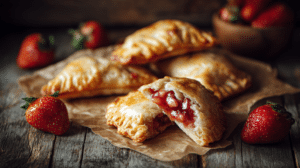 No-bake strawberry hand pie bites with jam filling and fresh strawberries in warm natural light