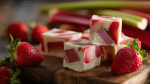 No-bake strawberry rhubarb icebox treats with creamy layers and fruit filling on wooden table