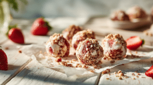 No-bake strawberry shortcake energy balls with graham crumbs and strawberries on a light table
