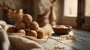 No-bake tahini oat energy balls with oats and sesame tahini on parchment paper