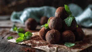 No-bake Thin Mint energy balls with chocolate and mint on a rustic table in natural light