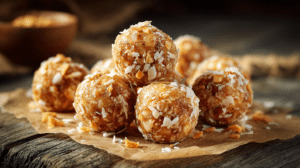 no-bake toffee coconut energy balls with coconut flakes and toffee bits on parchment in warm natural light