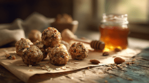 No-bake trail mix energy balls with oats, nuts, and chocolate chips on a rustic table in natural light