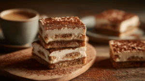 No-bake tres leches tiramisu bars with creamy layers and cocoa dusting on wooden table