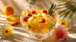 tropical Easter punch recipe with pineapple mango and citrus in glass bowl