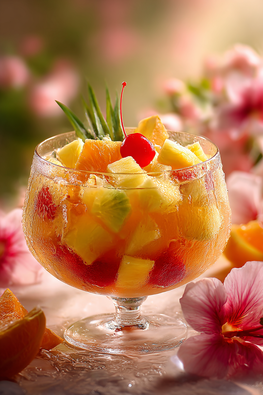 tropical-easter-punch-vertical close-up tropical Easter punch with pineapple mango and citrus slices