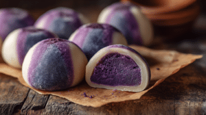 No-bake ube-stuffed mochi bites with purple filling and chewy texture on parchment paper