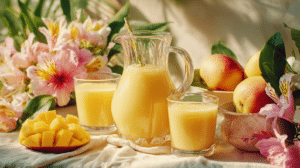vegan Easter drinks recipes mango coconut smoothie in glass with tropical garnish and spring decor