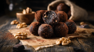 no-bake walnut brownie energy balls with rich chocolate texture and chopped walnuts on parchment in warm light