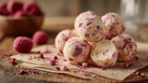 White chocolate raspberry truffles coated in raspberry powder on parchment paper in warm kitchen light